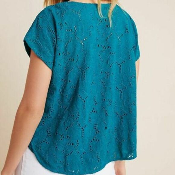 Blue Anthropologie Maeve Beaded Lace Short Sleeve Top (NWT) - Picture 3 of 4